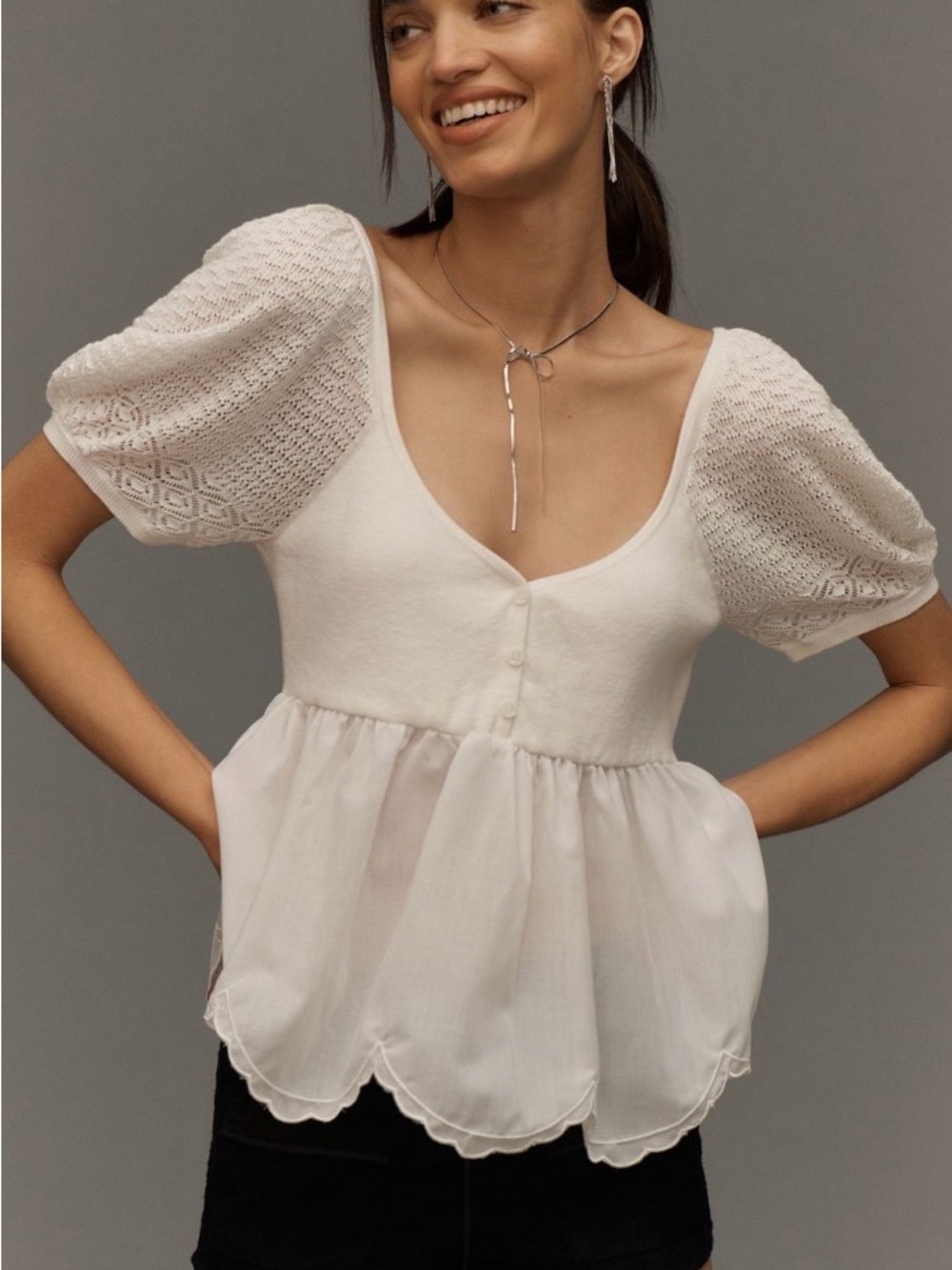 NWOT Maeve Cream Puff-Sleeve Peplum Blouse